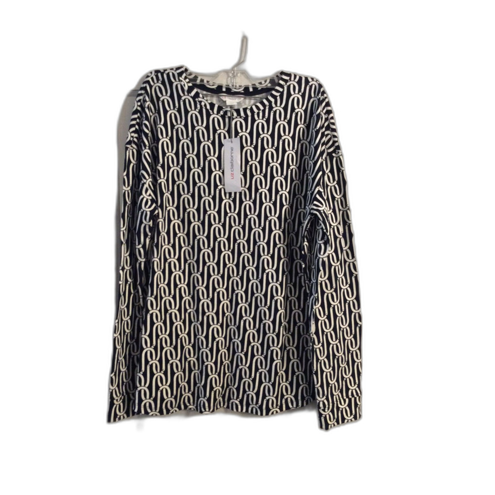NWT Liz Claiborne long sleeve geometric print top shirt Large Black White